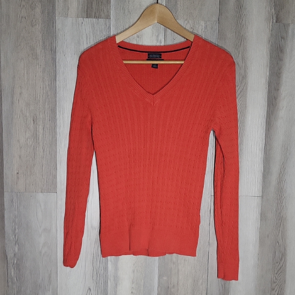 Tommy Hilfiger Womens M Pima Cotton‎ V Neck Sweater Cable Knit Preppy Classic